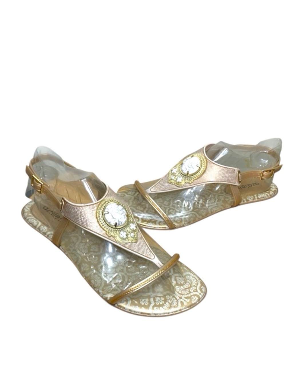 Azaleia Tan Bronze T-Strap Sandals 8 Gold Stones Ankle Strap Light Comfy Shoes